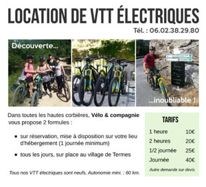 vélo et compagnie, louez votre vélo électrique à Lagrasse Le Val de Dagne à vélo électrique Location de vacances Gîtes Le Roc sur l'Orbieu
